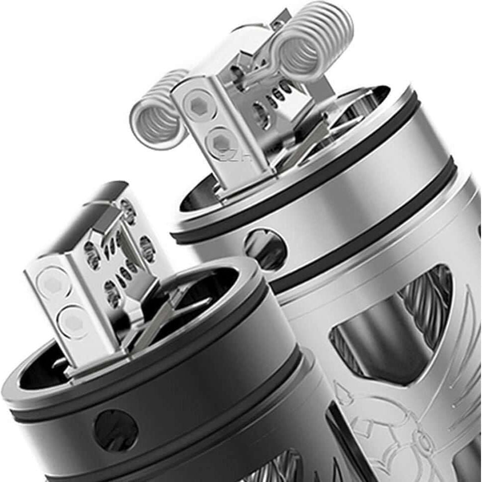 Brunhilde Top Coiler RTA with dual coil setup showcasing precision craftsmanship and advanced design features.